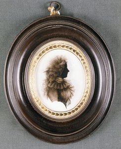 Silhuett av en dam, målad på konvext glas, av fru Isabella Beetham, sent 1700-tal (olja på glas)